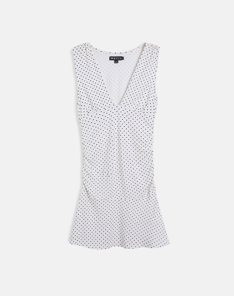 Image of Luscian Plunge Mini Dress in White with Micro Polka Black