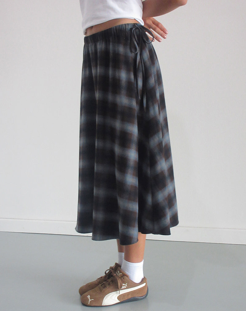 Taka Midi Skirt in Blue and Brown Check