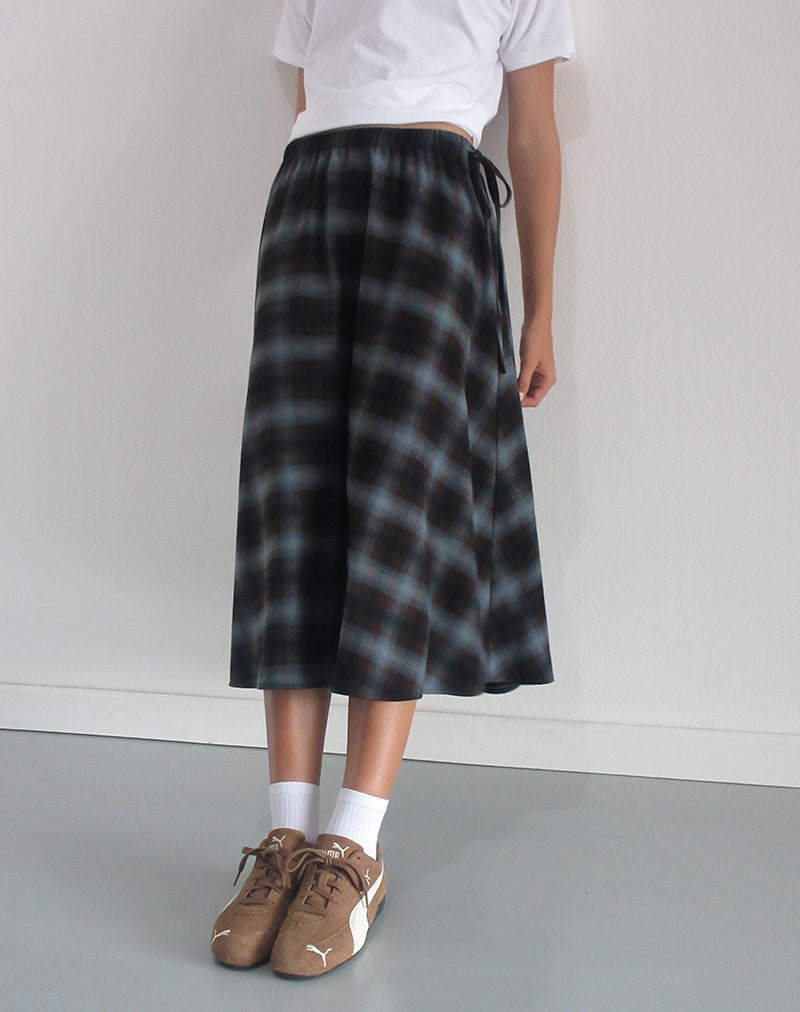 Image of Taka Midi Skirt in Blue and Brown Check