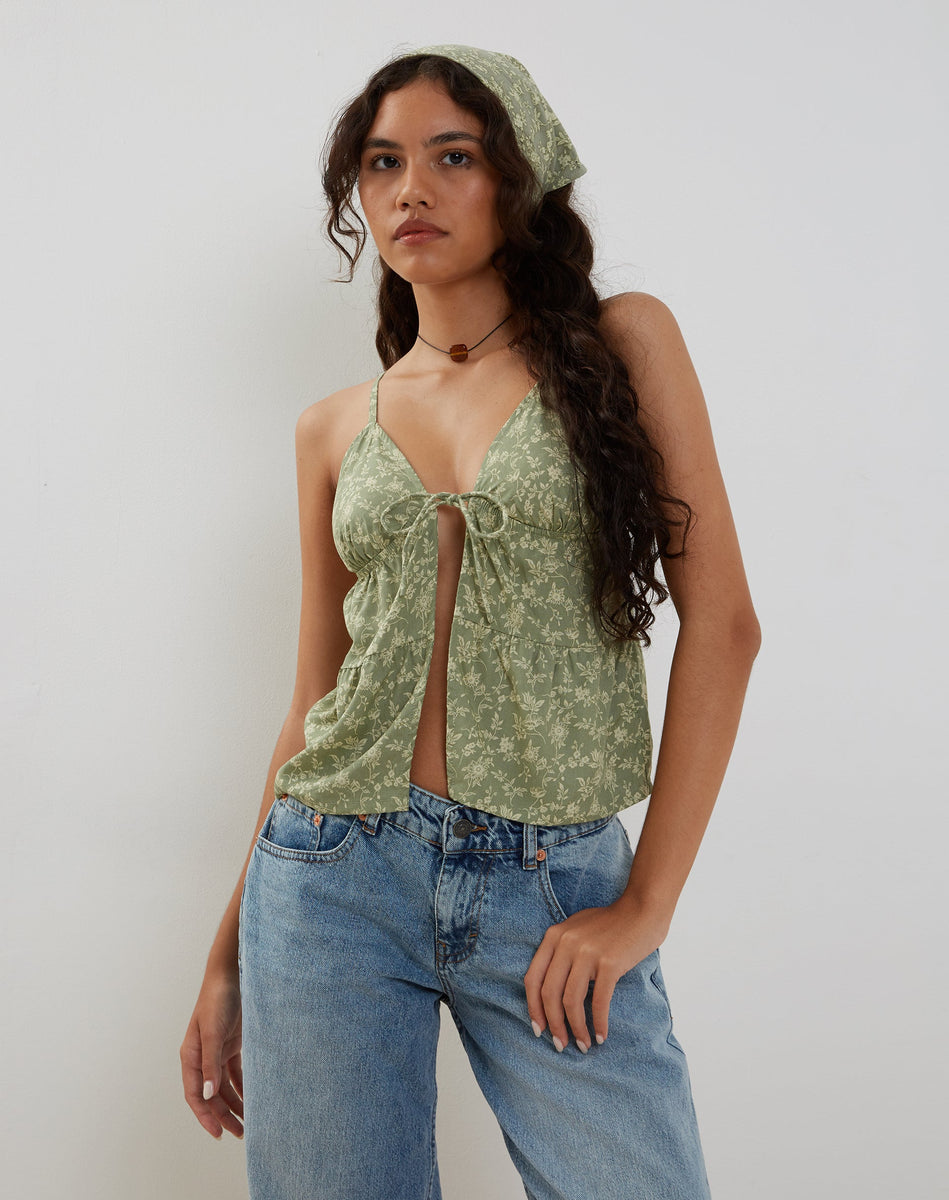 Tezza Tie Front Cami Top in Ditsy Floral Green