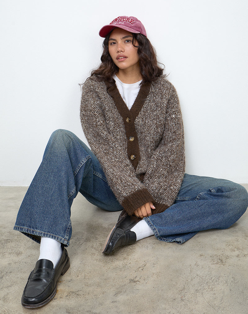 Brown and Cream Knit Oversized Tortoiseshell Button Cardigan | Ura