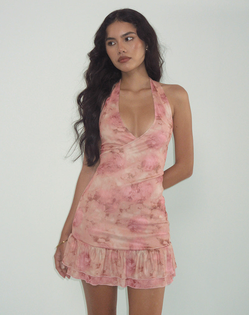 Image of Yoriko Halterneck Mini Dress in Smoky Floral Peach