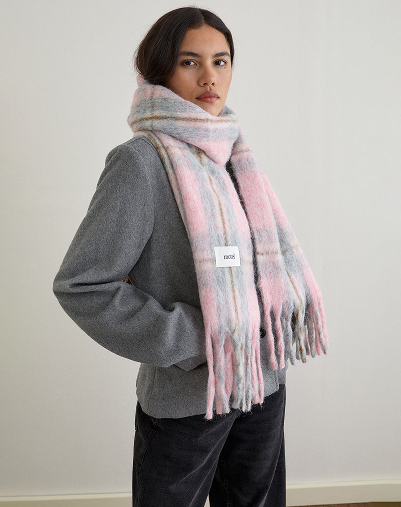 Image of Scarf in Wool Brushed Knit Pink Check