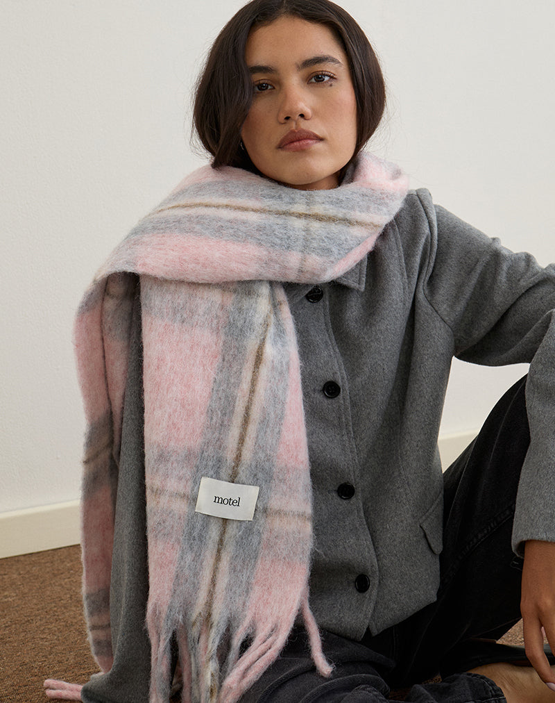 Scarf in Wool Brushed Knit Pink Check