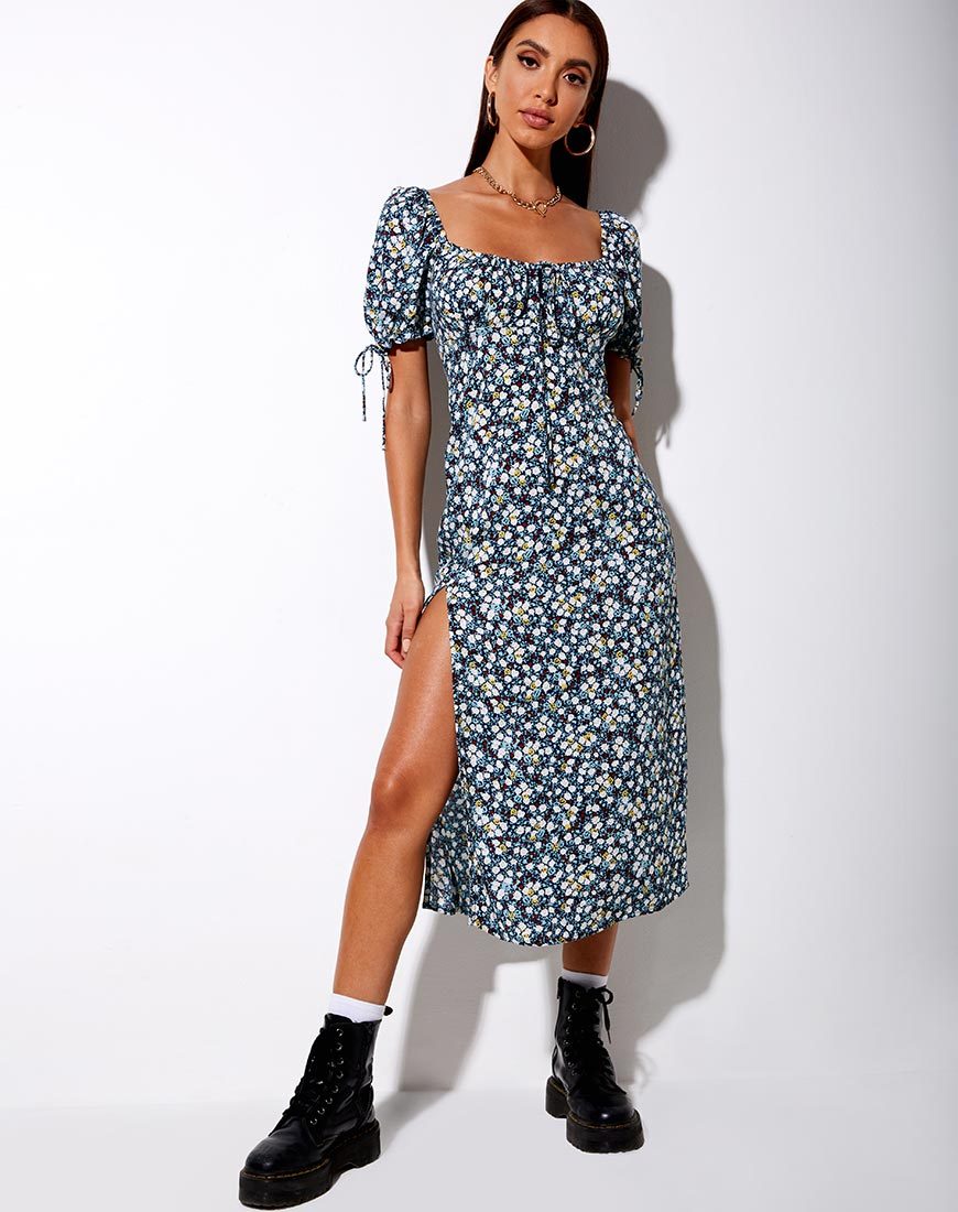 Short Sleeve Blue and White Floral Midi Dress