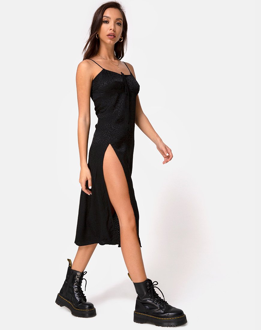 Image of Cypress Midi Dress in Satin Cheetah Black