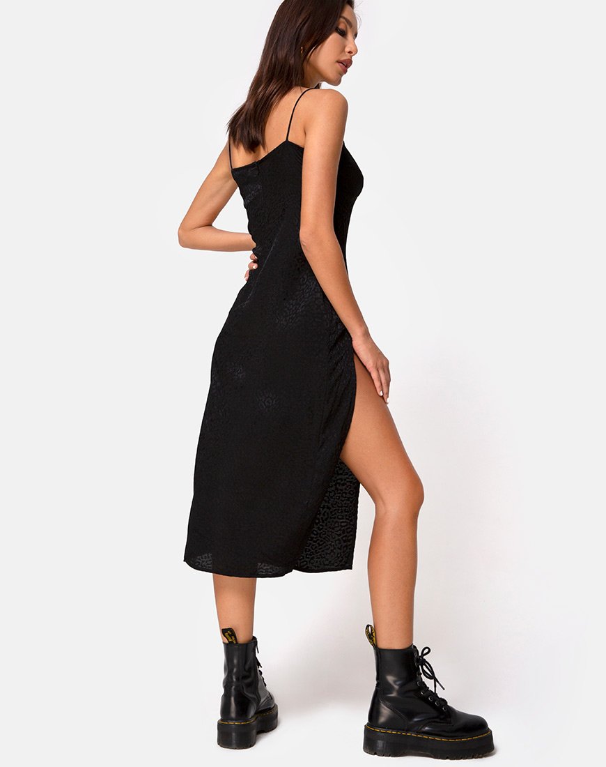Image of Cypress Midi Dress in Satin Cheetah Black