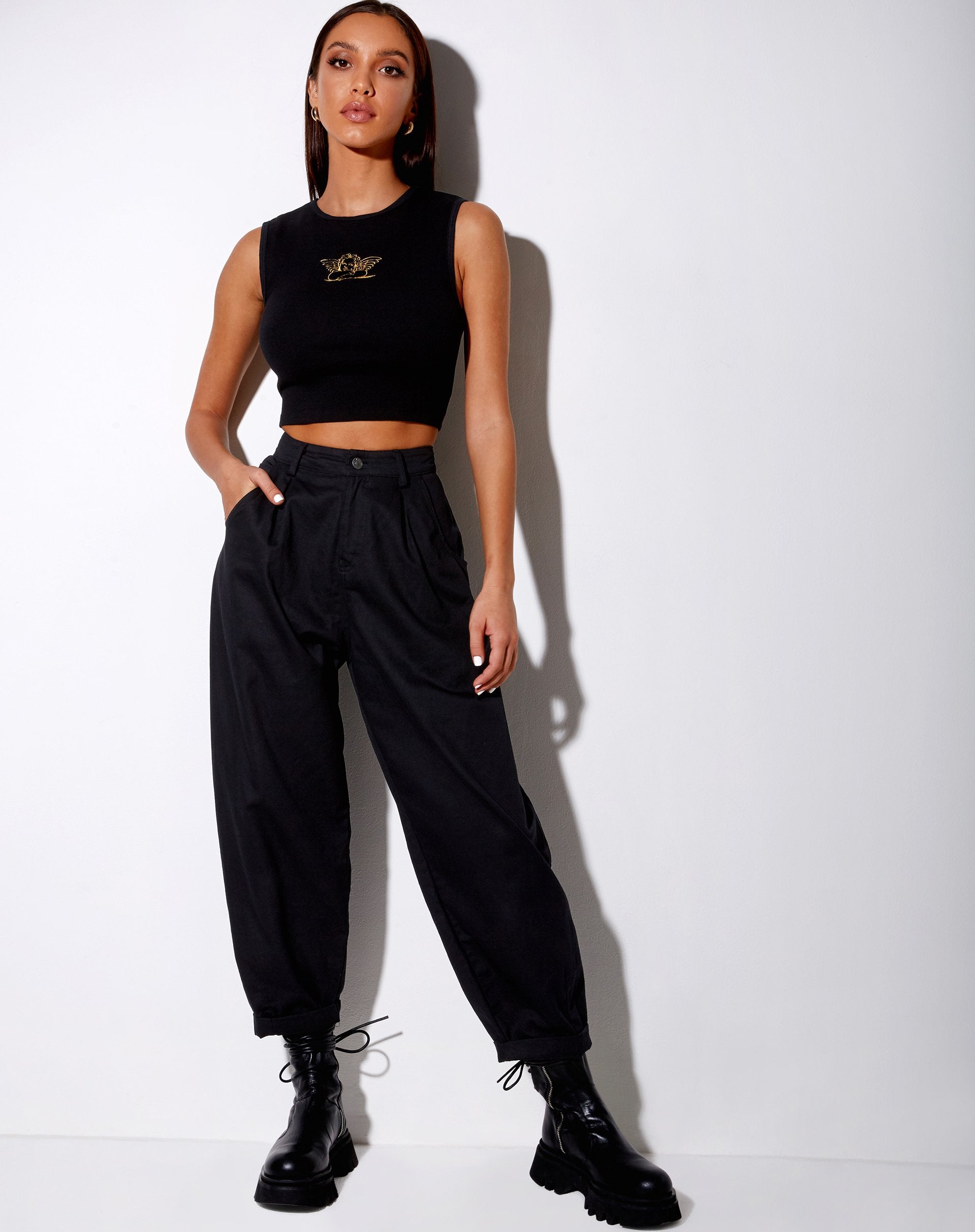 Image of Gimon Crop Top in Rib Black Angelo Embro
