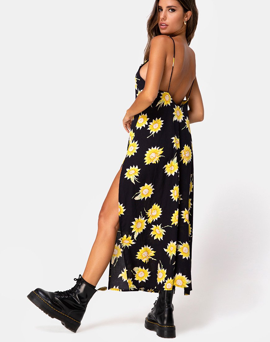 Backless Black and Yellow Floral Maxi Dress