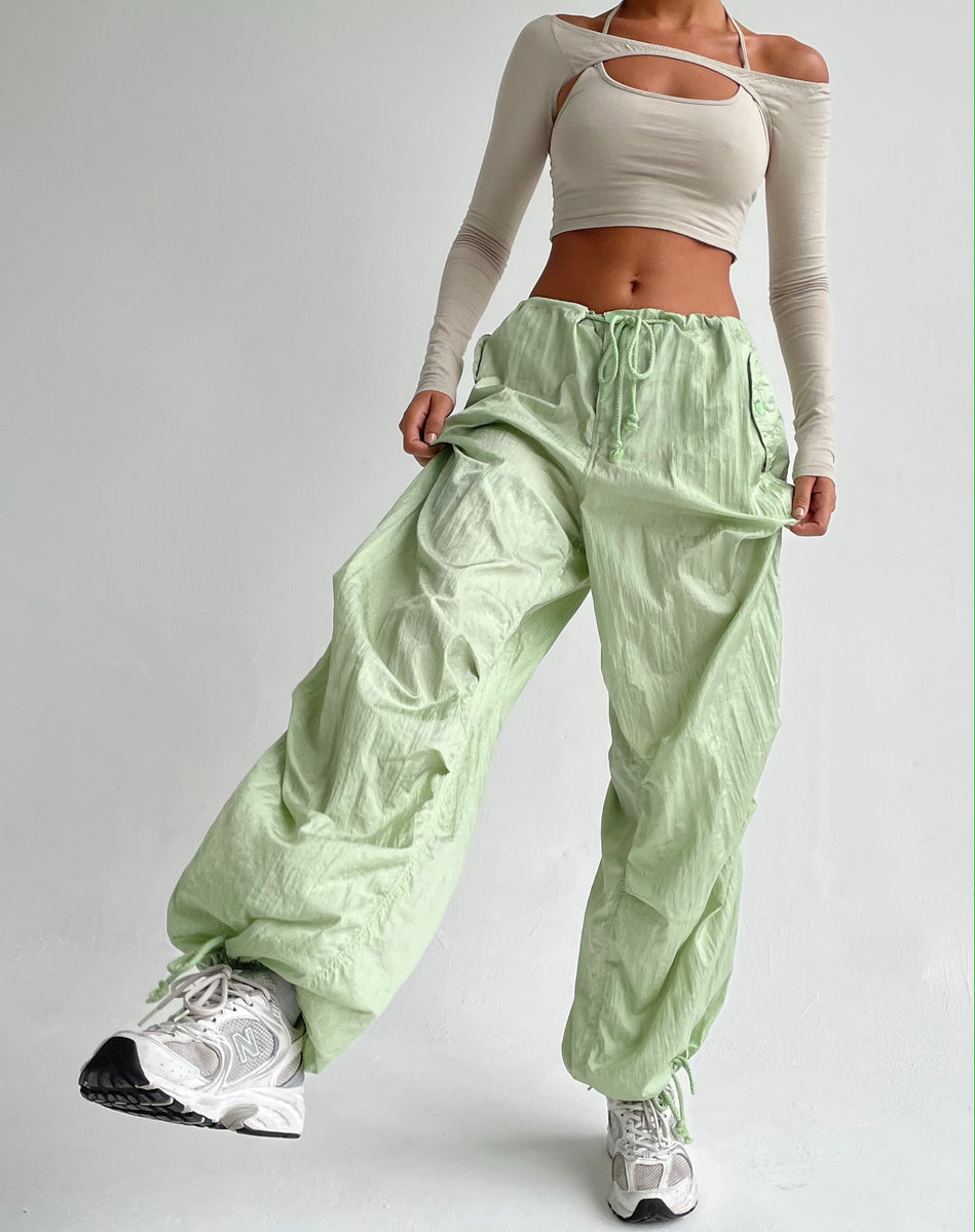 motel rocks parachute パラシュート　カーゴパンツ Silver Green Wide Leg Parachute Trousers | Chute