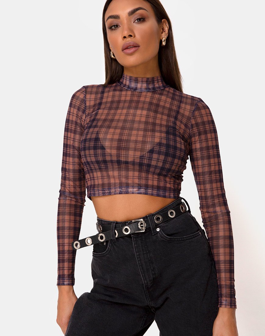 Checkered Polo Crop Checkered Crop Top Long Sleeve Lara Crop Top