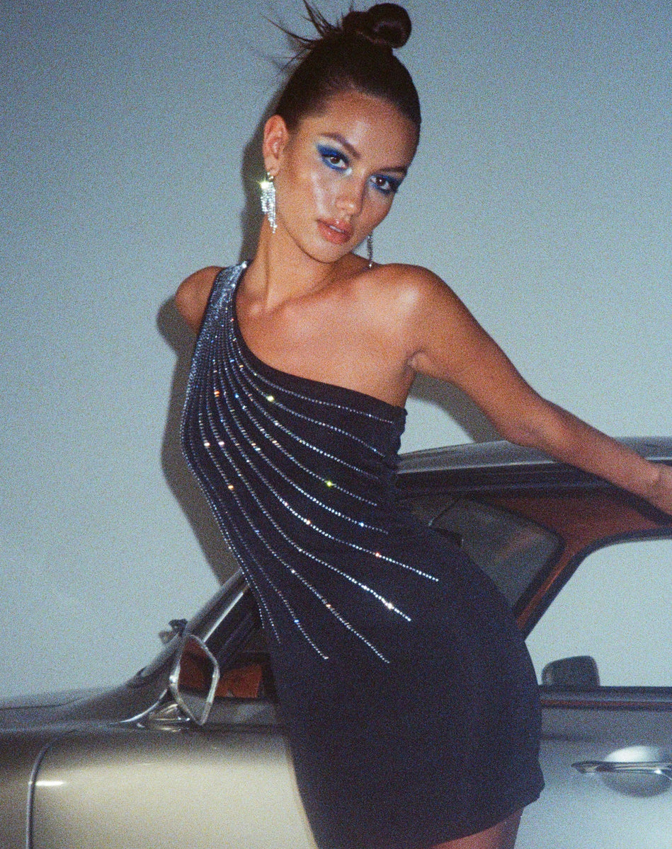 Black Diamante One Shoulder Fitted Mini Dress