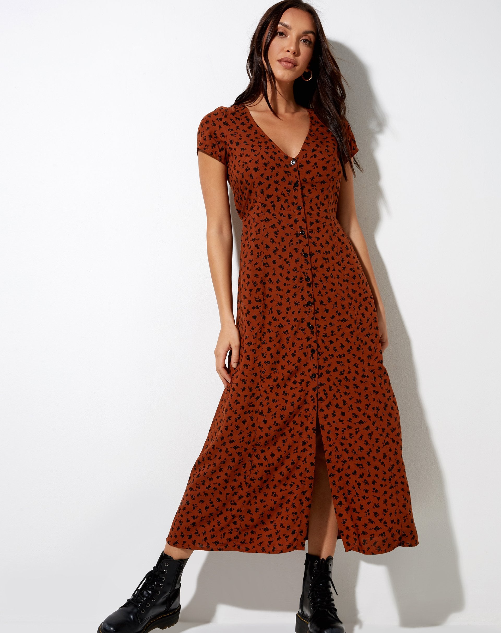 Image of Sanrin Midi Dress in Dainty Daisy Bombay Brown