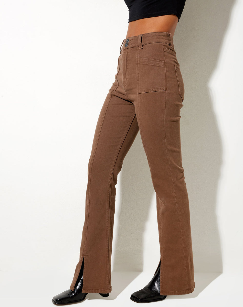 High Waisted Rich Brown Seam Detailed Flared Jeans Seam Split