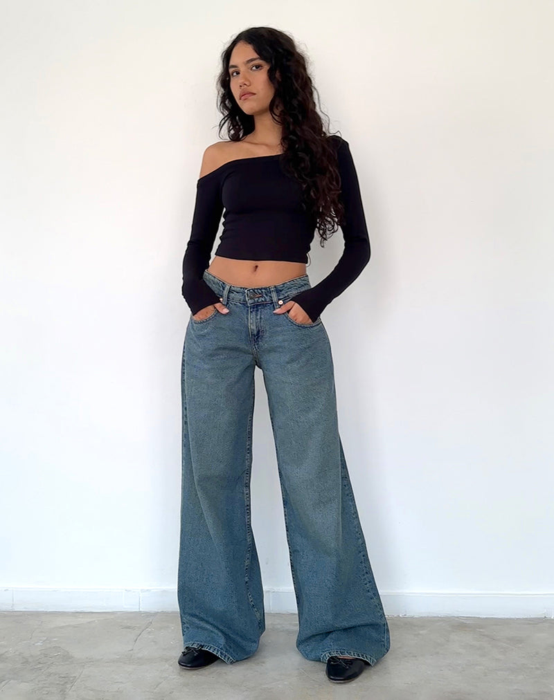 Image of Geräumige Oversized Low Rise Jeans in Vintage Blau Grün