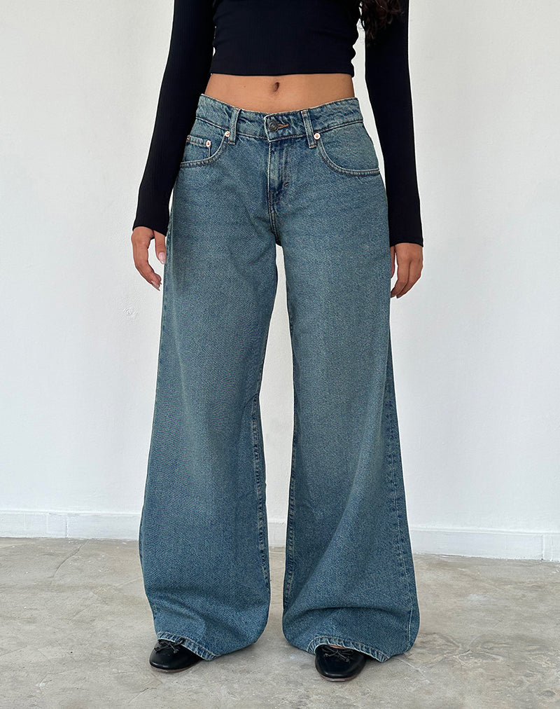 Geräumige Oversized Low Rise Jeans in Vintage Blau Grün