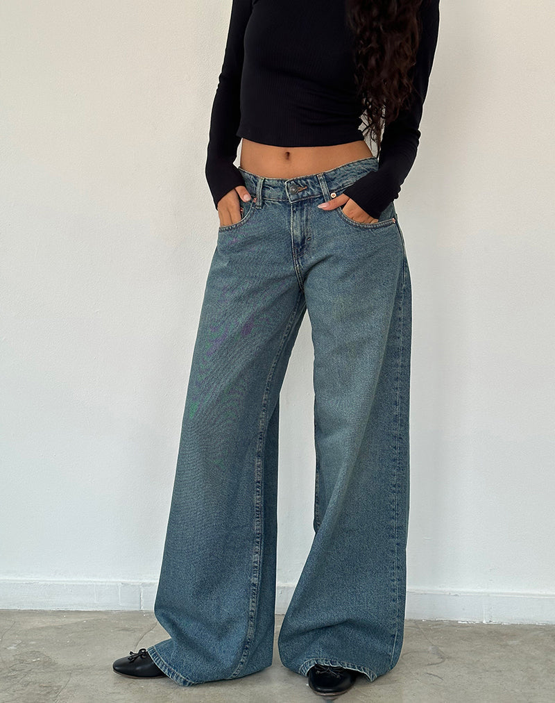 Geräumige Oversized Low Rise Jeans in Vintage Blau Grün