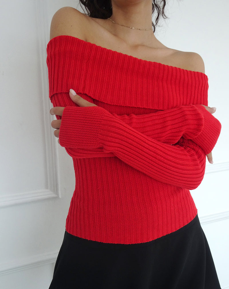 Image of Circe Off-Shoulder Long Sleeve Knit To in Rot