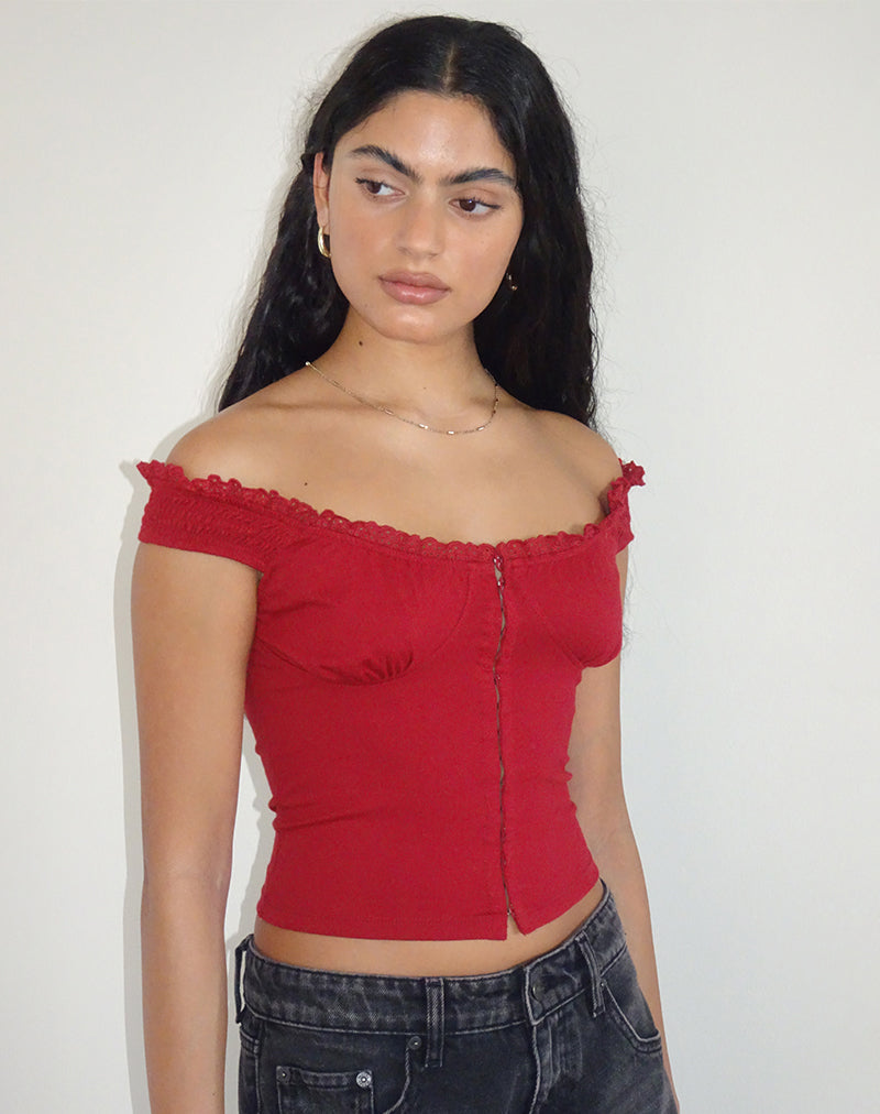image of Dovica Lace Trim Corset Top in Adrenaline Red