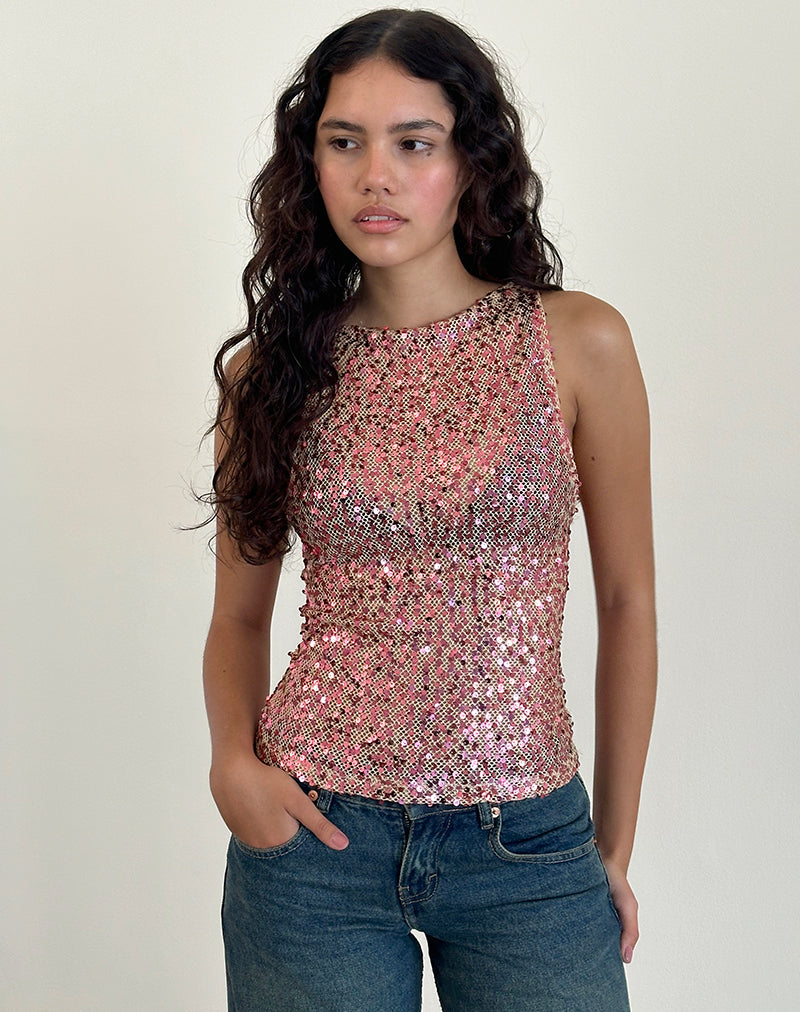 Image of Dudley Vest Top in Sequin Mesh Rose Gold