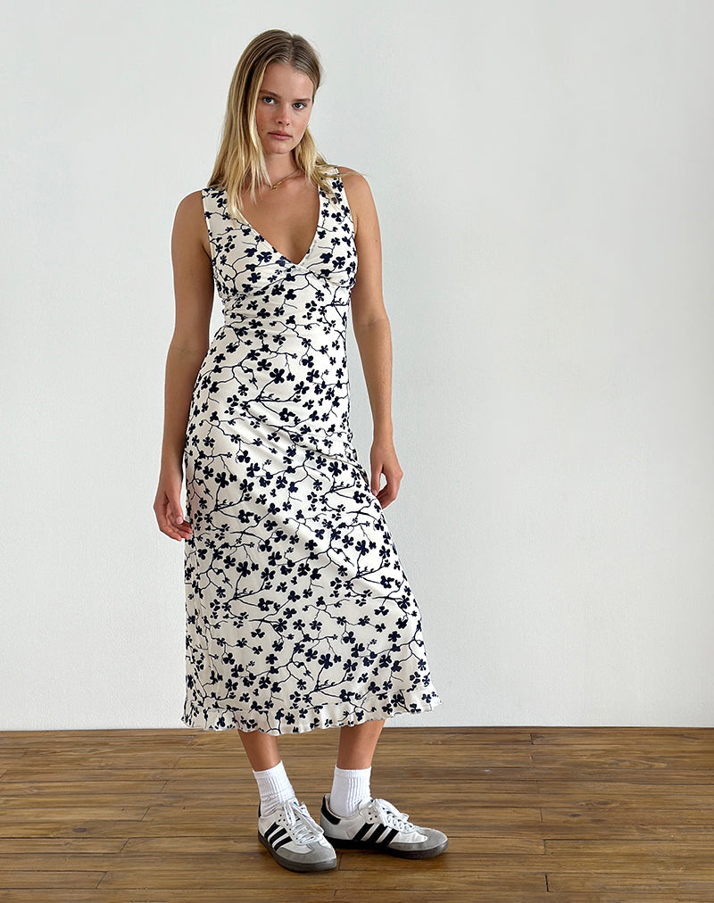 image of Gabriela Midi Dress in Grunge Floral Flock Cream