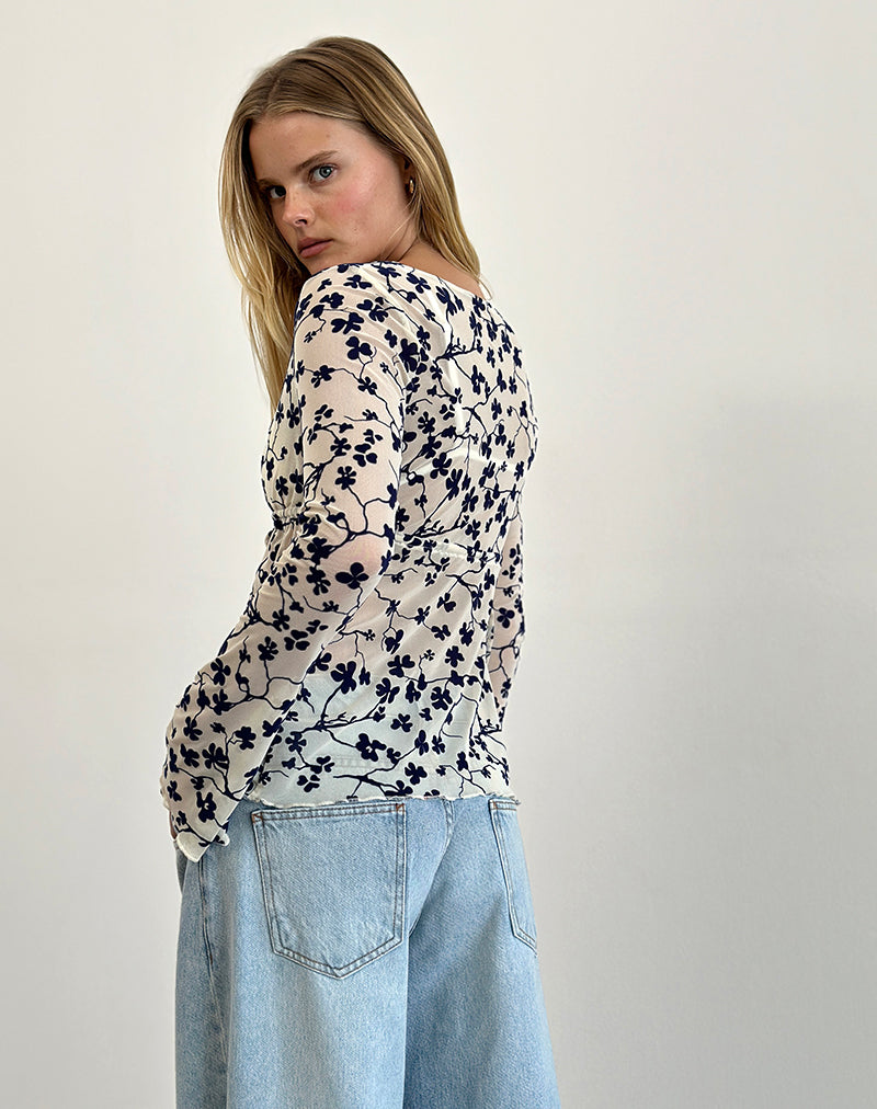 Image of Gerbera Long Sleeve Top in Grunge Floral Flock Cream