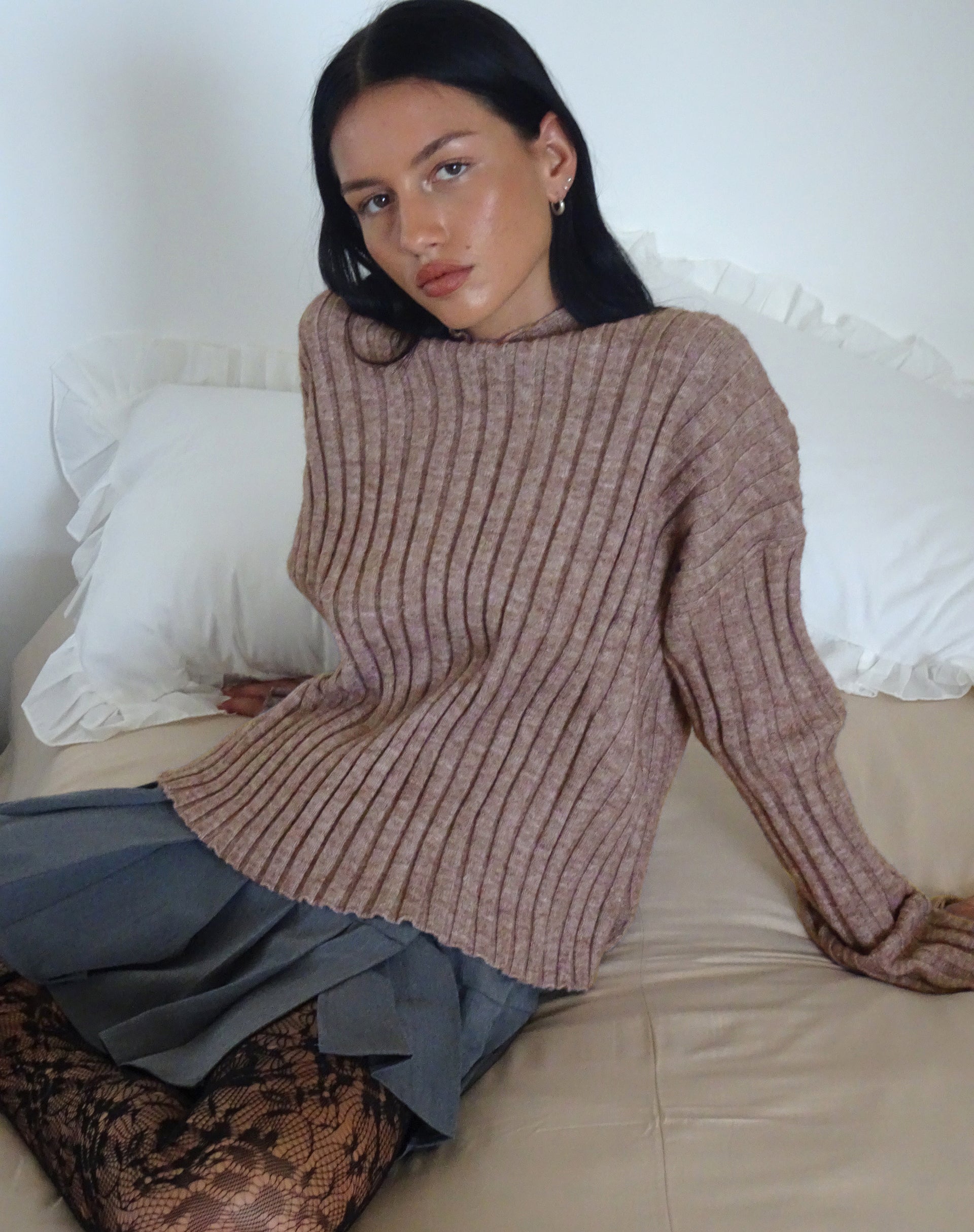 Image of Judah Oversized Chunky Rib Knit Pullover in Taupe