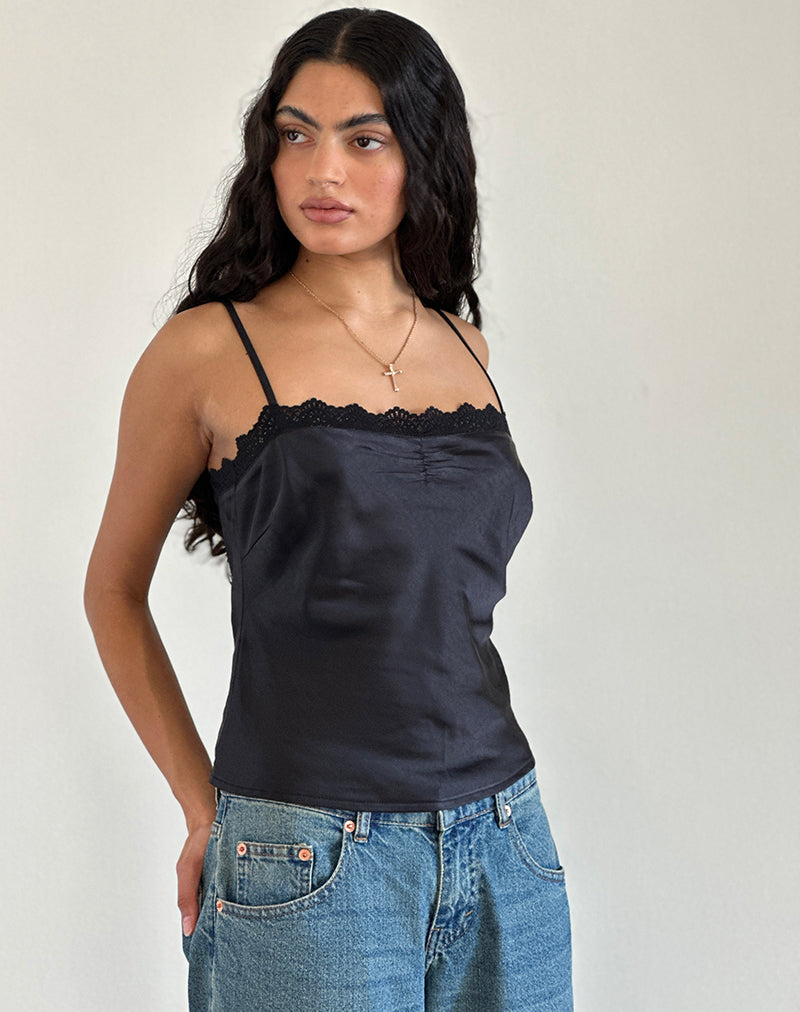 image of Kira Top in Satin Black with Black Lace