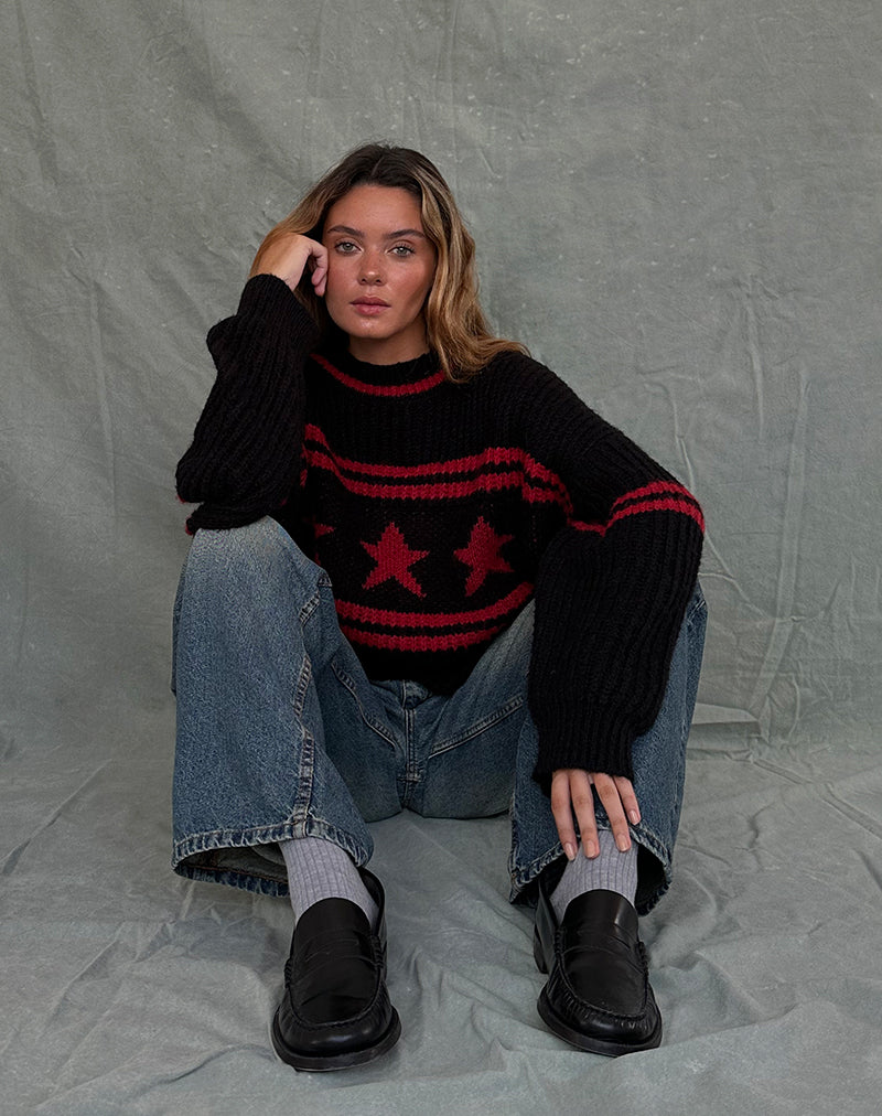 Lulees Oversized Pullover in Schwarz mit rotem Stern und Streifen