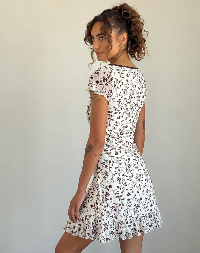 Image of Melva Mini Dress in Brown Stem Flower Flock