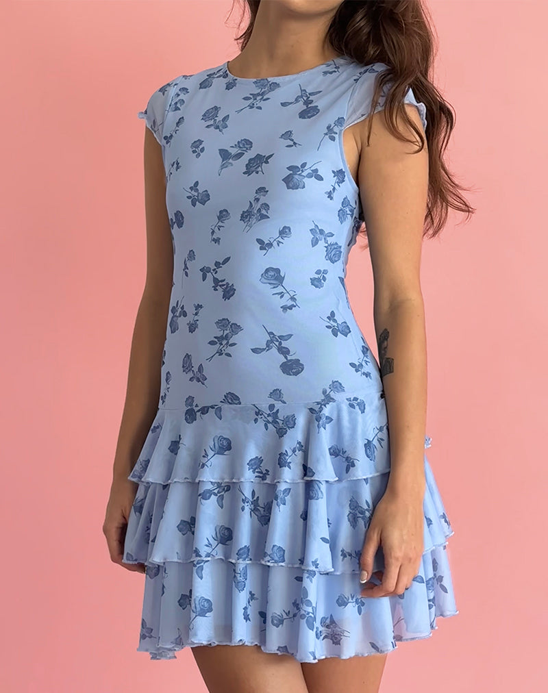 Image of Mirtilo Mini Dress in Inky Blue Floral Mesh