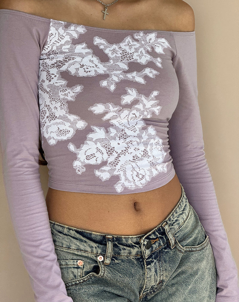 Nauby Langärmeliges Bardot Top in Light Mauve Floral Lace