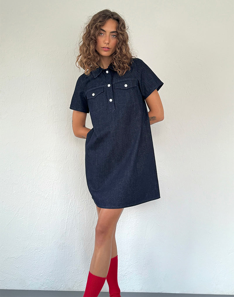 Image of Reiga Smock Mini Dress in Denim Indigo