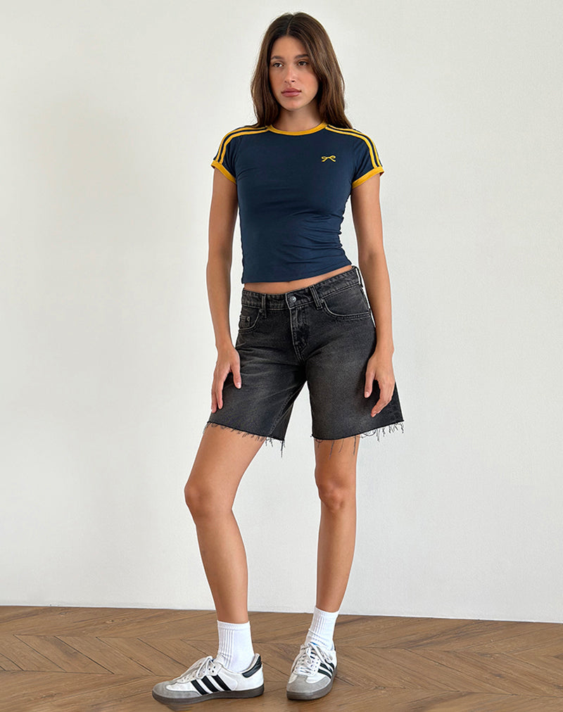 Salda Top in Navy with Mustard Binding and Bow Embroidery