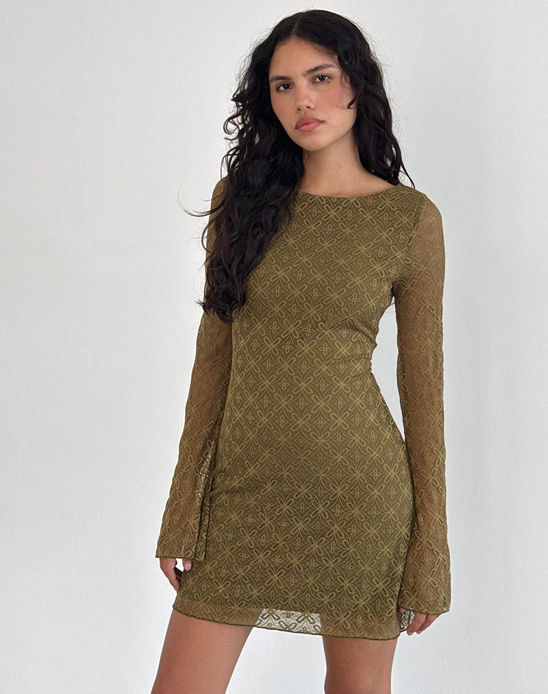 Sevila Long Sleeve Mini Dress in Textured Moss Green