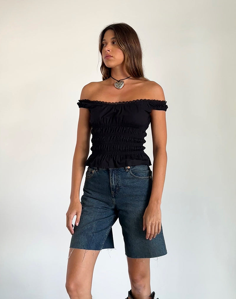 Xavinia Shirred Bardot Top in Black Poplin