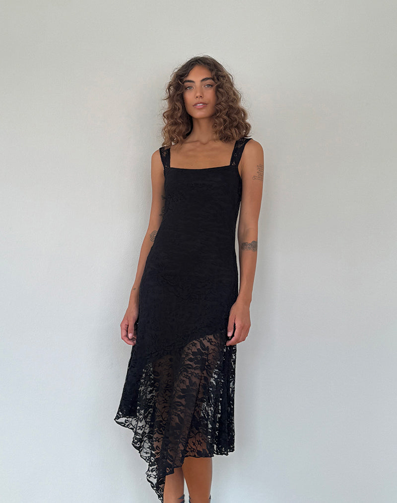 Imagen de Adeliza Vestido Midi Asimétrico de Encaje Floral Negro Azabache