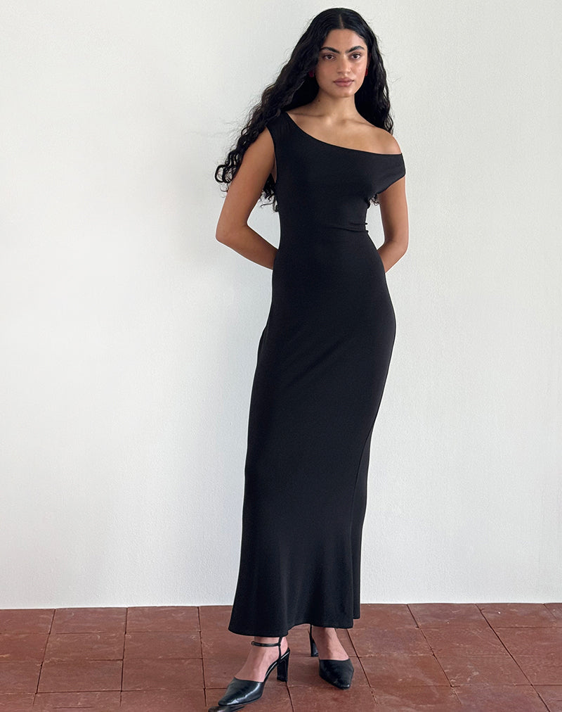 Ardita Asymmetrical Rib Knit Maxi Dress in Black