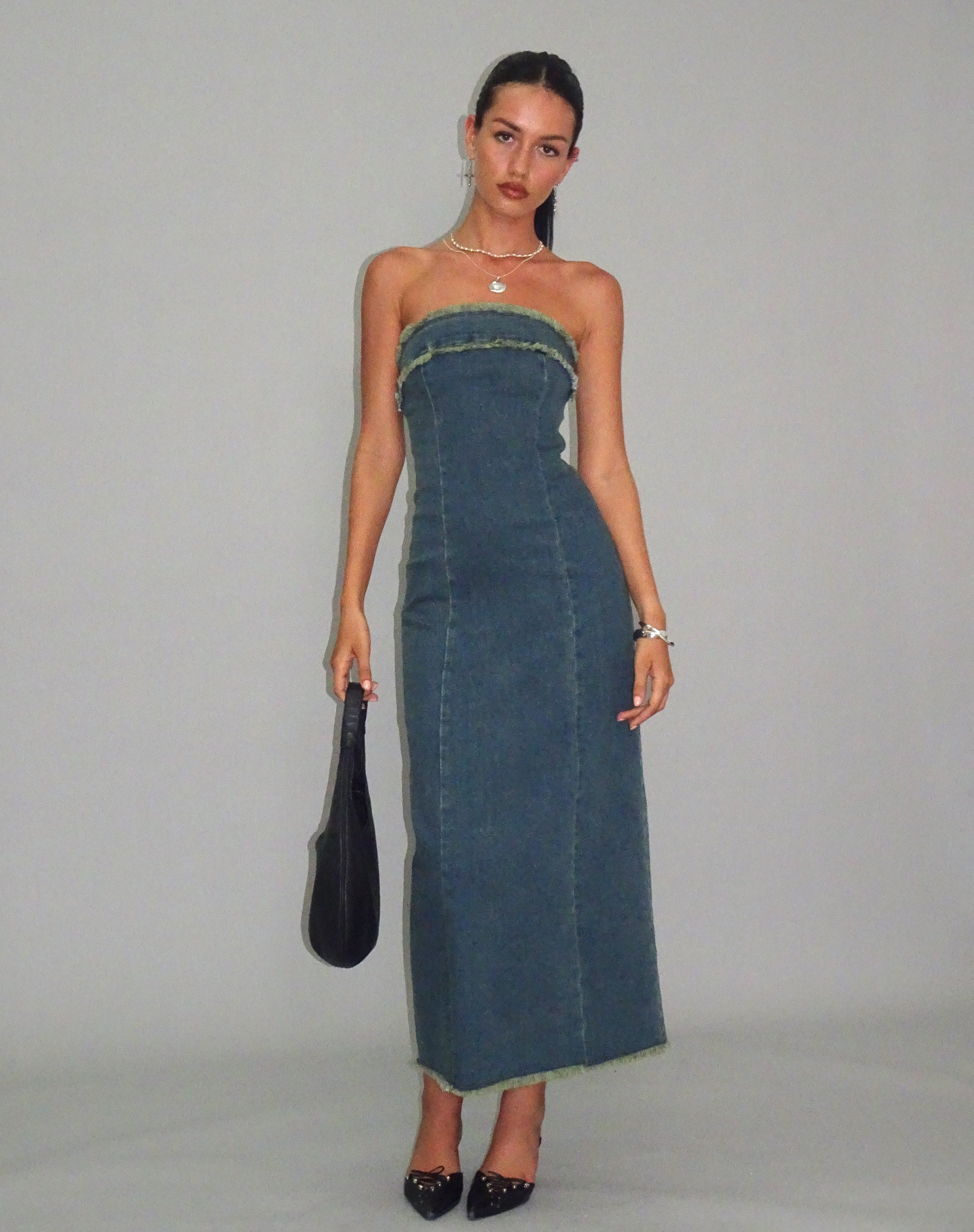 Imagen de Atun Denim Bandeau Maxi Dress in Brown Blue Acid Wash