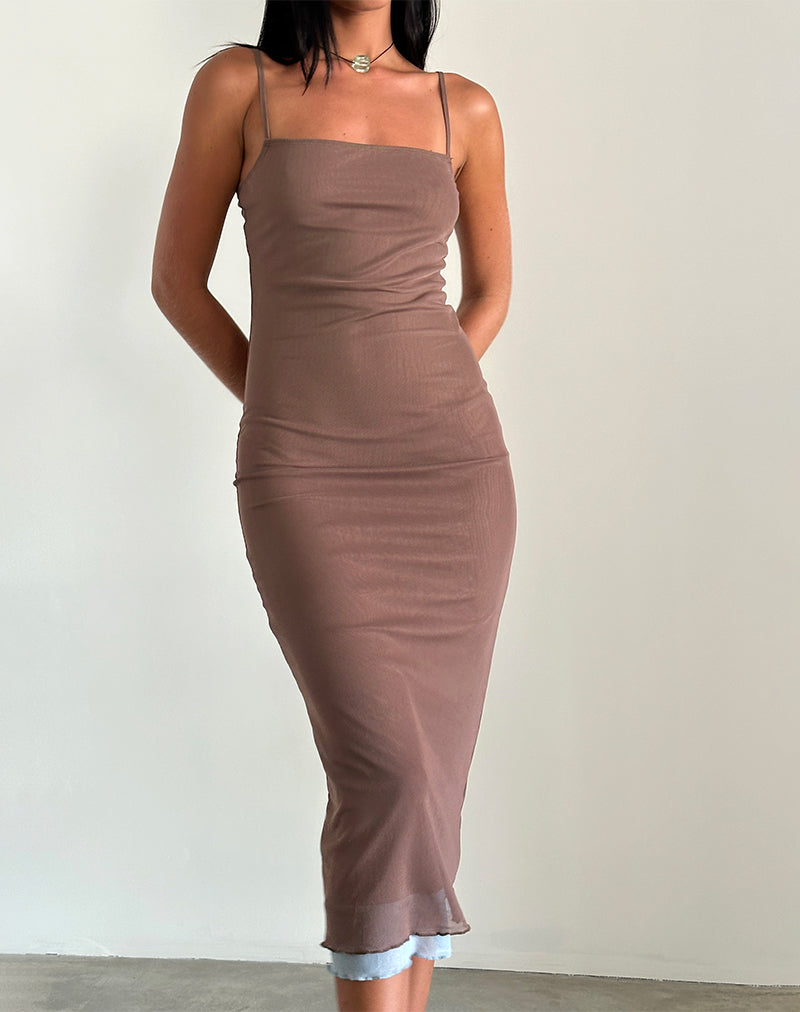 Image of Bisilk Midi Dress in Mesh Brown with Light Blue
