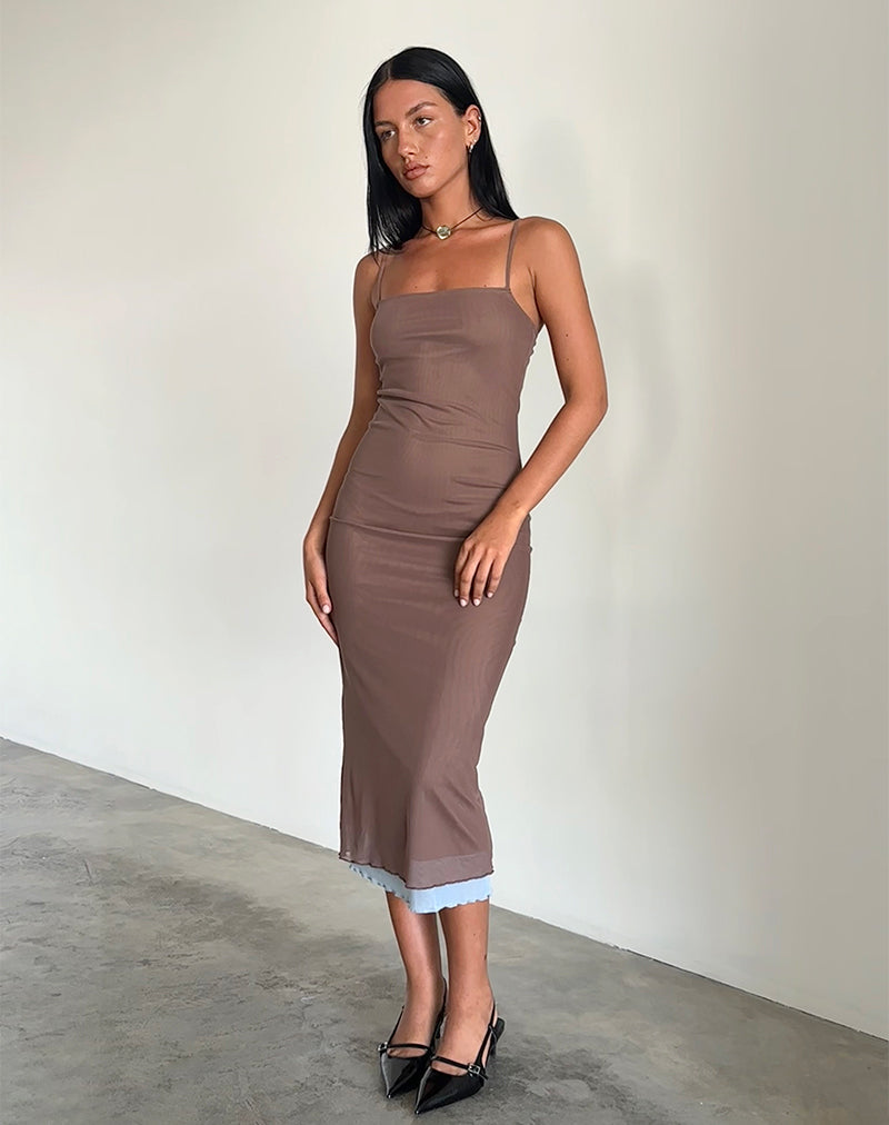 Image of Bisilk Midi Dress in Mesh Brown with Light Blue