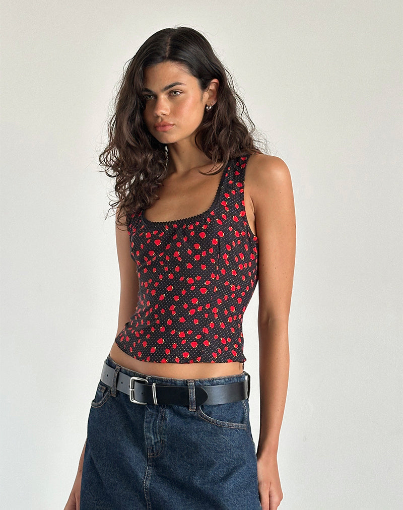 Carys Vest Top in Strawberry Polka Black