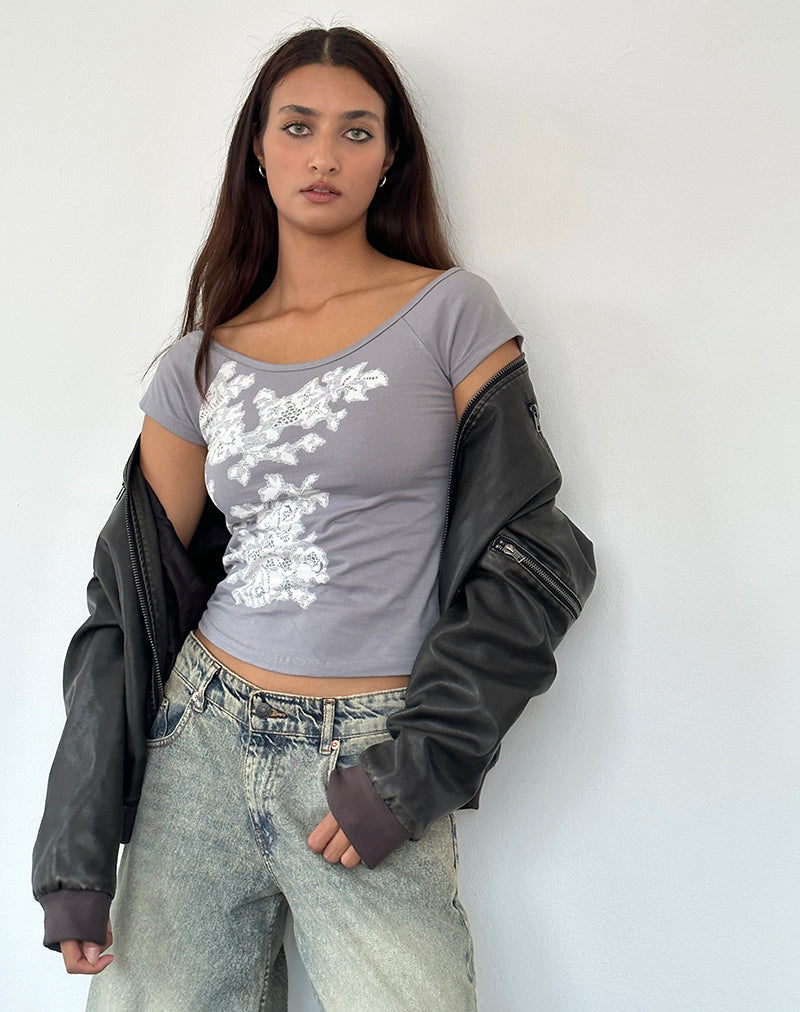 Top sin hombros Charya de encaje floral gris