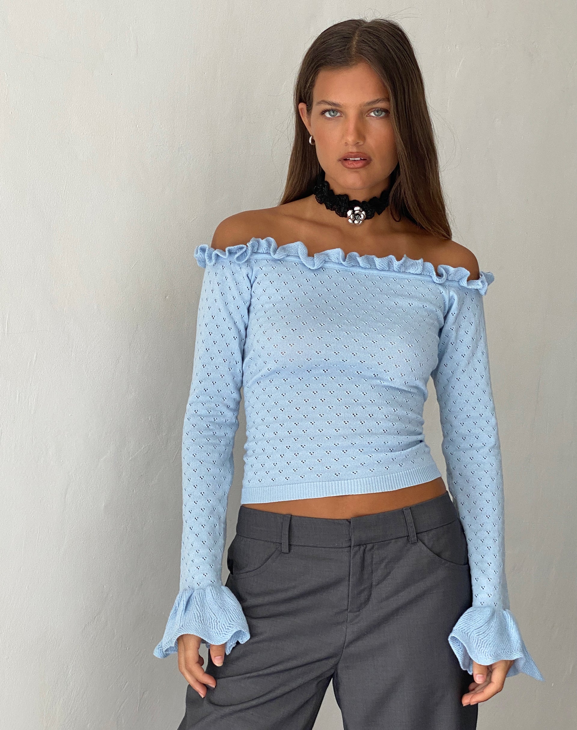 Imagen de Delaney Knitted Frill Bardot Top in Baby Blue