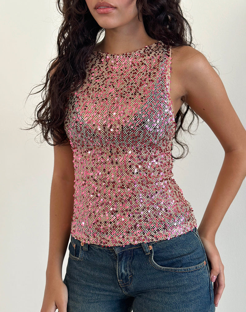 Image of Dudley Vest Top in Sequin Mesh Rose Gold