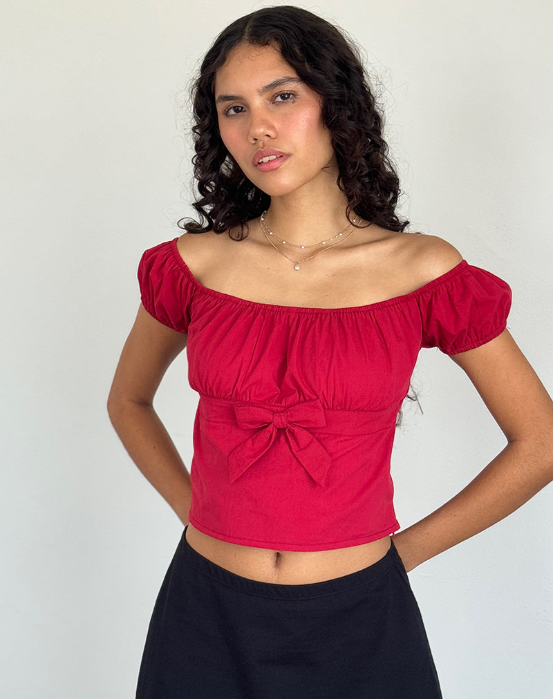 Image of Endah Bardot Top in Poplin Adrenaline Red