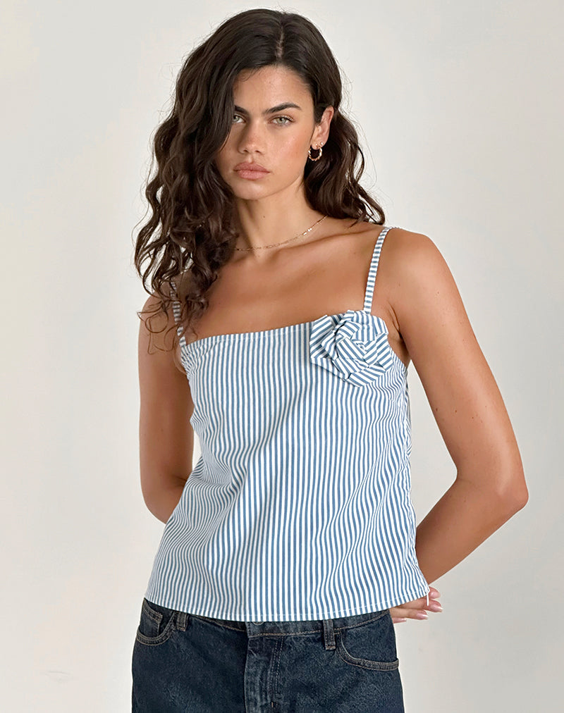 Flowa Top in Blue Small Vertical Stripe with Rosette