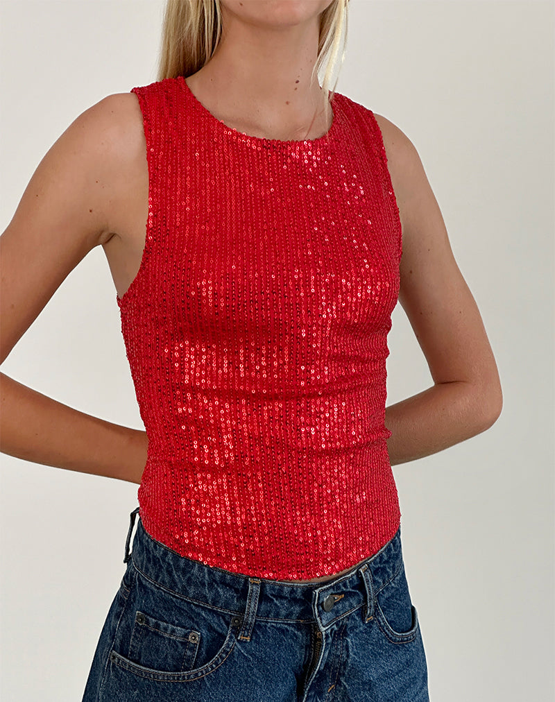 Image of Hala Vest Top in Red Drape Mini Sequin