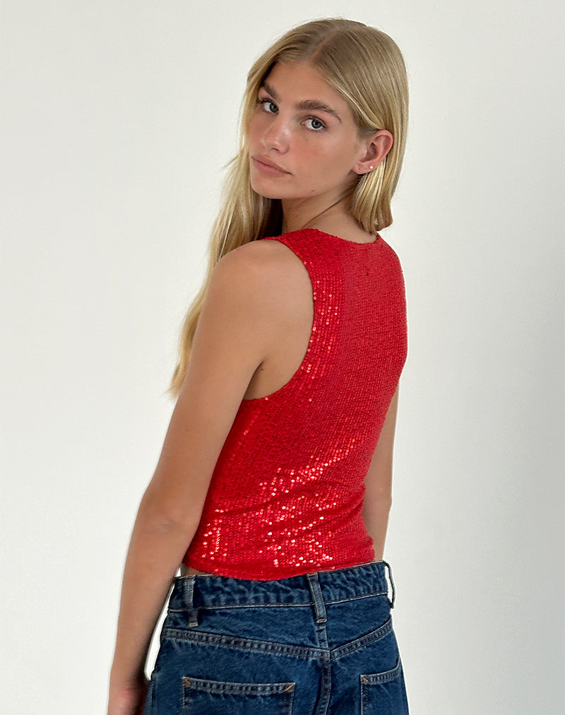 Image of Hala Vest Top in Red Drape Mini Sequin