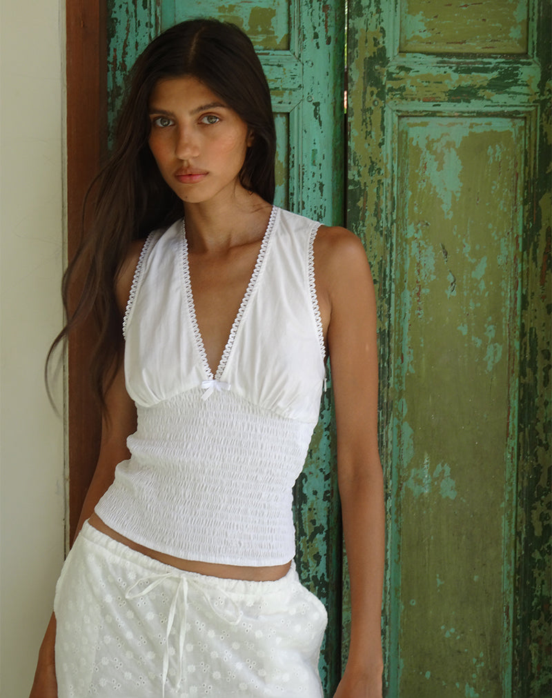 Image of Hevalis Plunge Shirred Top in Poplin White